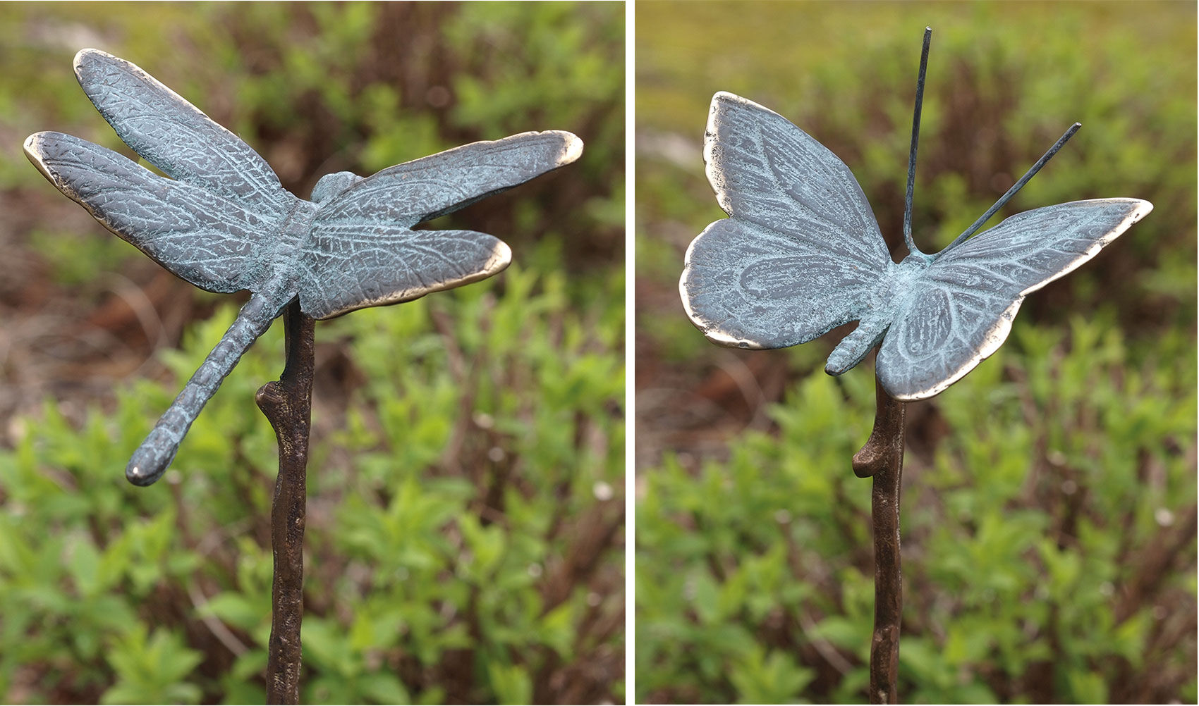 Set van twee tuinpalen "Libelle en vlinder op bronzen stang"