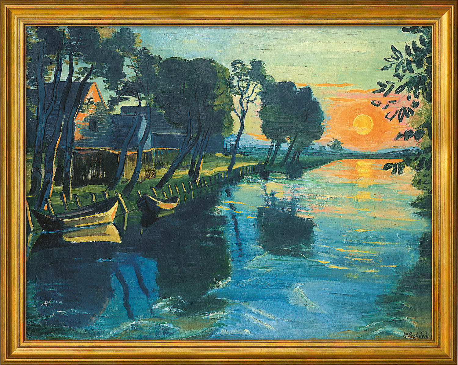 Bild "Die ersten Sonnenstrahlen am Mühlengraben" (um 1934), Version goldfarben gerahmt von Max Pechstein