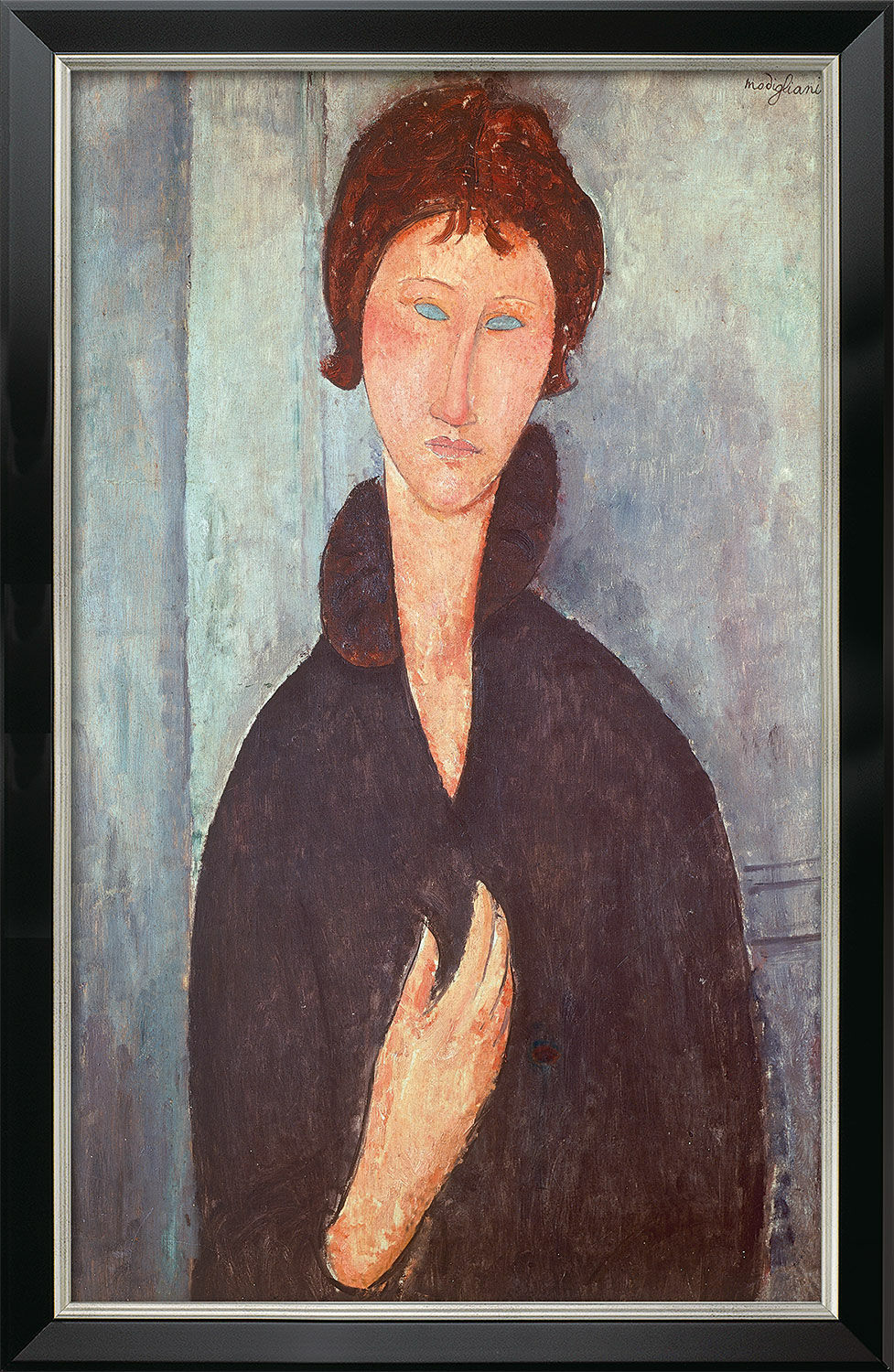 Bild "Frau mit blauen Augen" (1918), Version schwarz-silberfarben gerahmt von Amedeo Modigliani