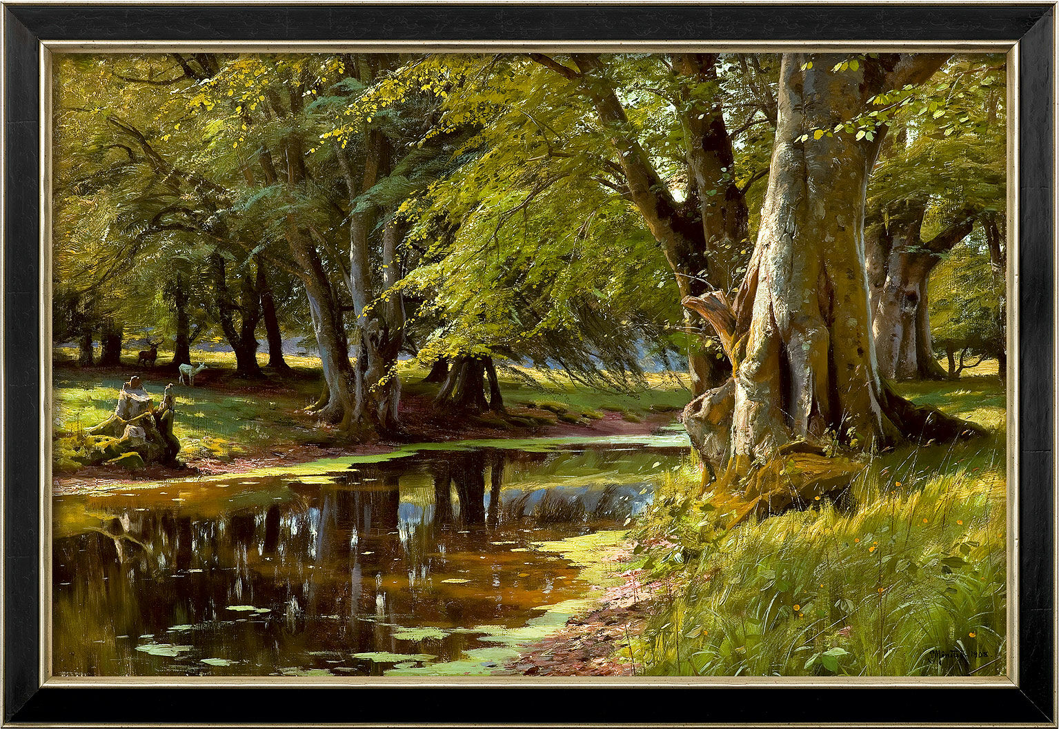 Picture "Summer Day at the Forest Stream" (1908), framed by Peder Mork Mönsted