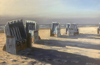 Tableau "Chaises de plage dans la lumière du soir" (2023) (Pièce unique) von Stefan Dobritz