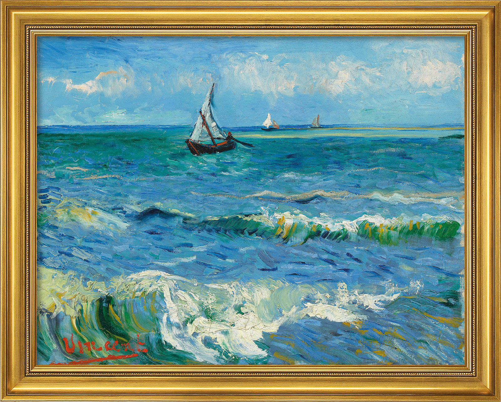 Bild "Das Meer bei Les Saintes-Maries-de-la-Mer" (1888), Version goldfarben gerahmt von Vincent van Gogh