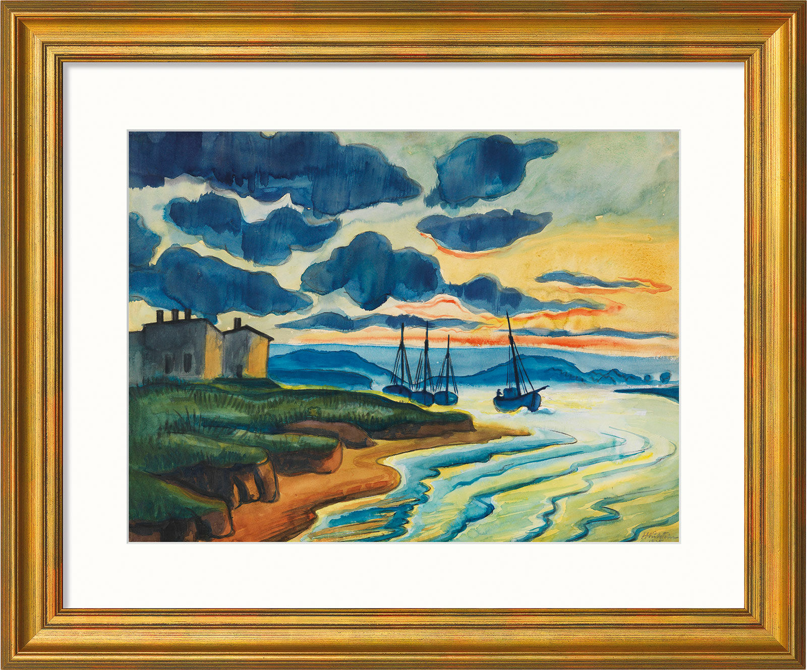 Bild "Sonnenuntergang" (1925), Version goldfarben gerahmt von Max Pechstein