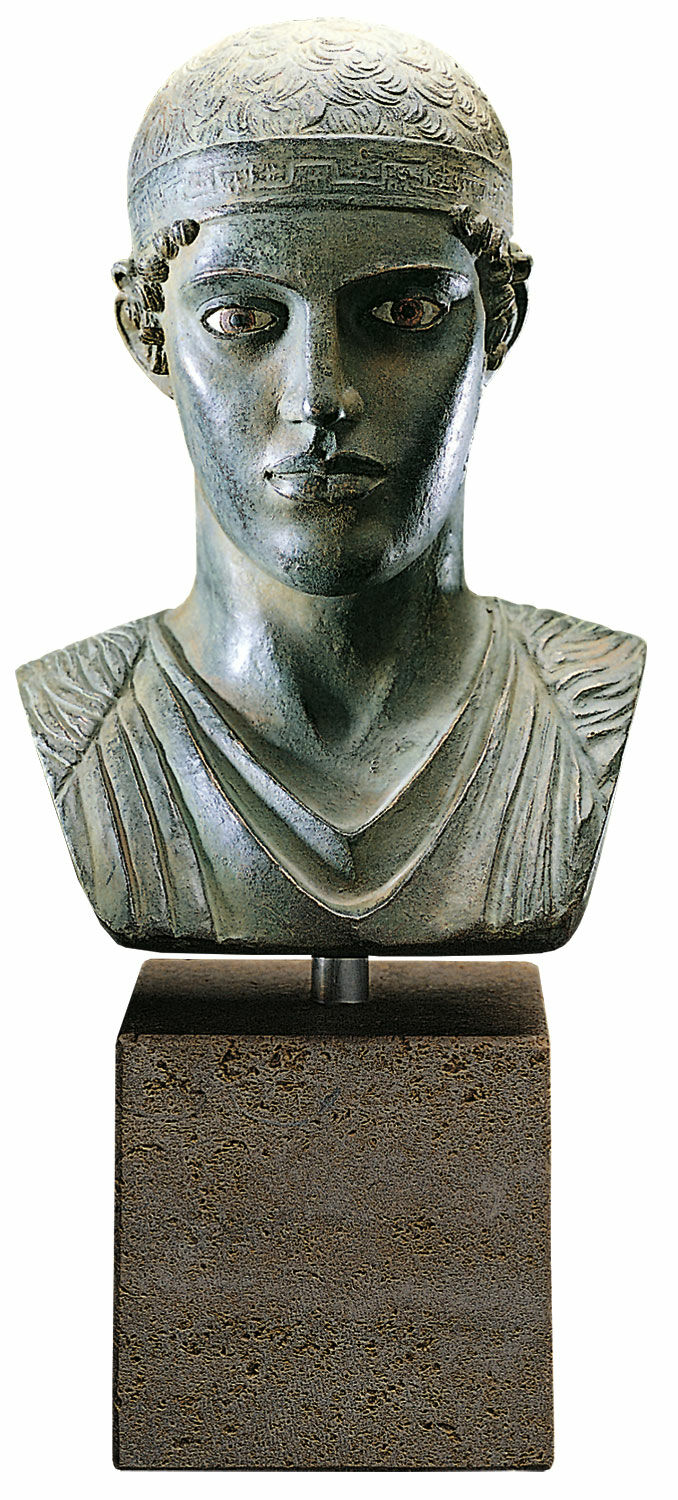 "Buste du Chariote de Delphes" (réduction), fonte peinte à la main