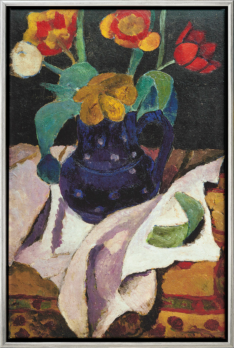 Bild "Stillleben mit Tulpen in blauem Topf" (1907), gerahmt von Paula Modersohn-Becker