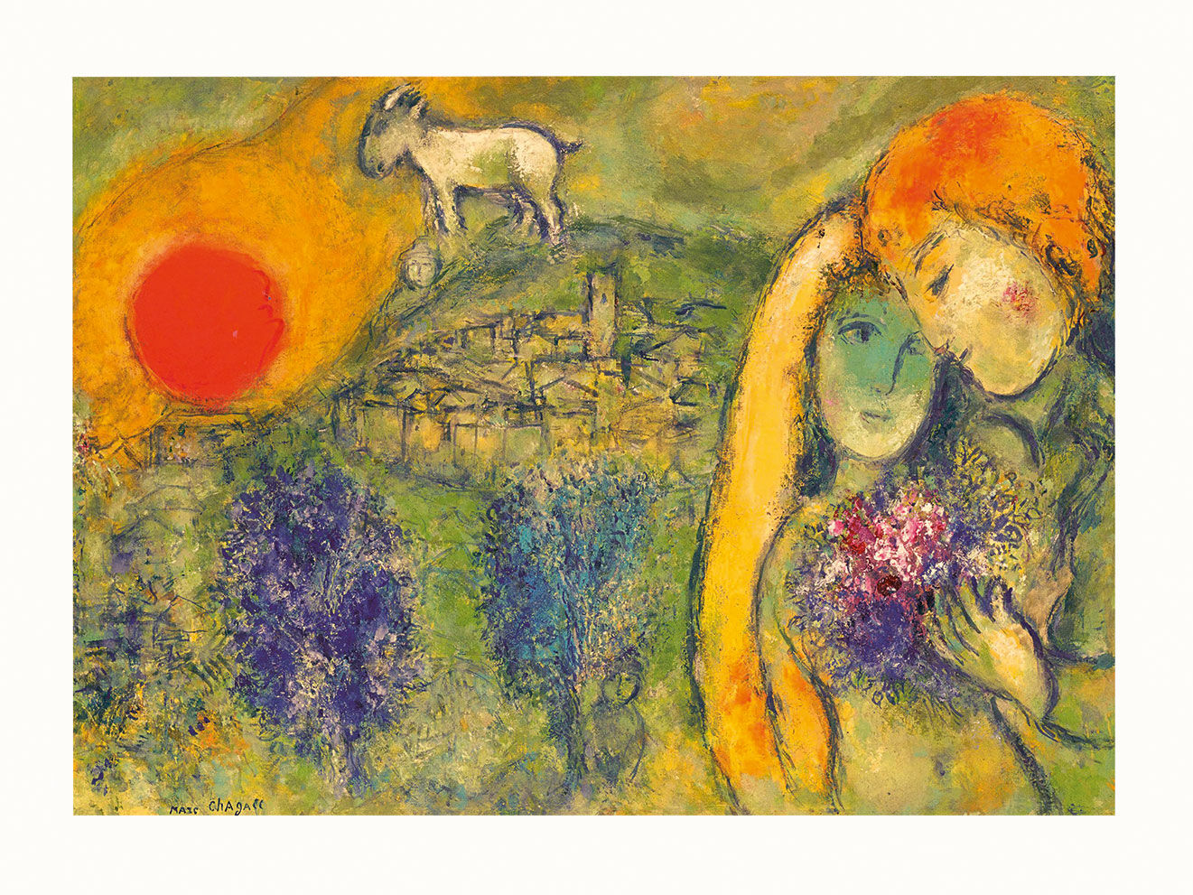 Billede "De elskende fra Vence (Les Amoureux de Vence)" (1957), uindrammet von Marc Chagall