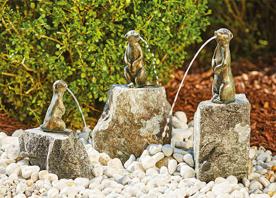 3 garden sculptures / gargoyles "Meerkat on Black Forest Granite" in a set, bronze