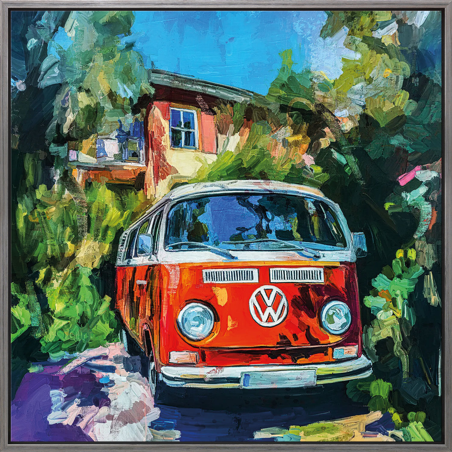 Tableau "En vacances avec la VW Bulli" (2025) (Originale / Pièce unique), encadré de Holger Mühlbauer-Gardemin