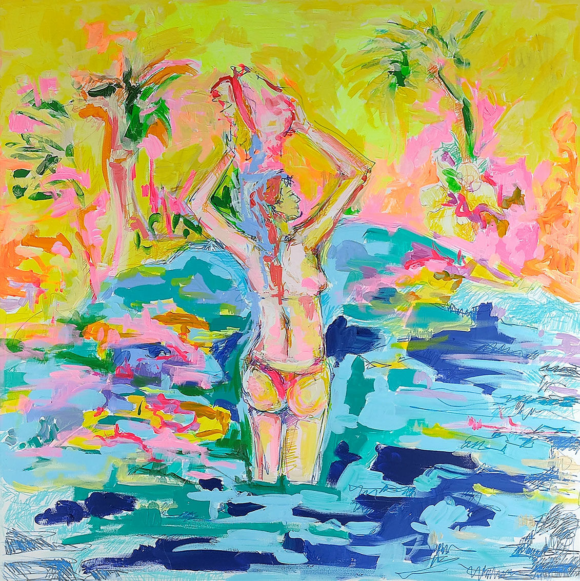 Tableau "Femme à la plage avec un coquillage" (2011) (Original / Pièce unique), sur châssis von Nicole Leidenfrost