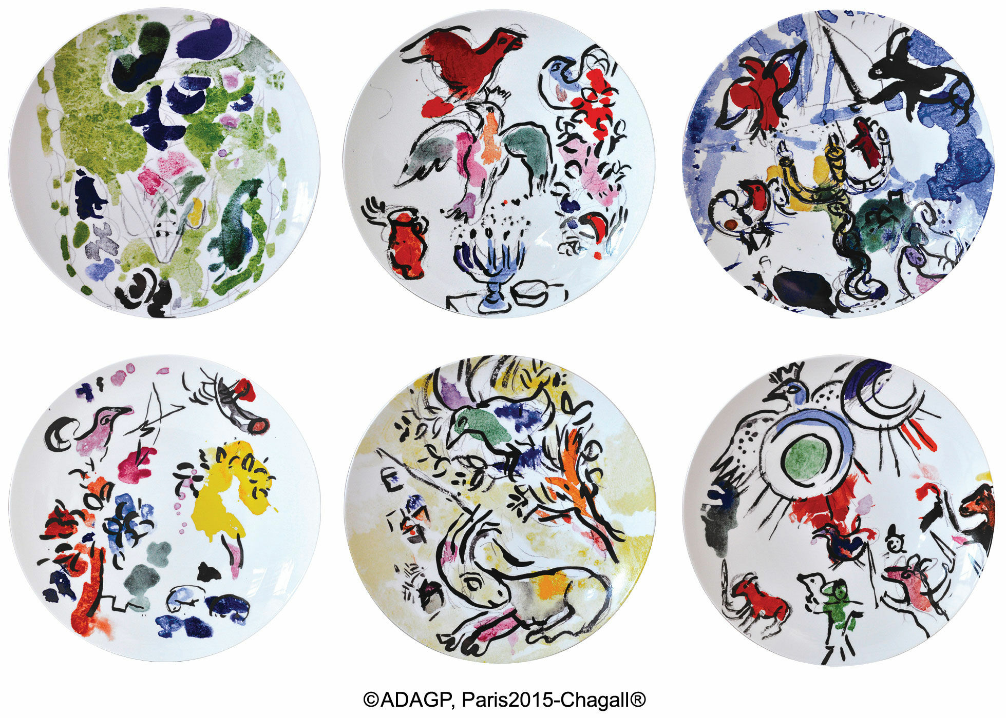 Les Vitraux d'Hadassah af Bernardaud - Sæt med 6 tallerkener med kunstnerens motiver, porcelæn von Marc Chagall
