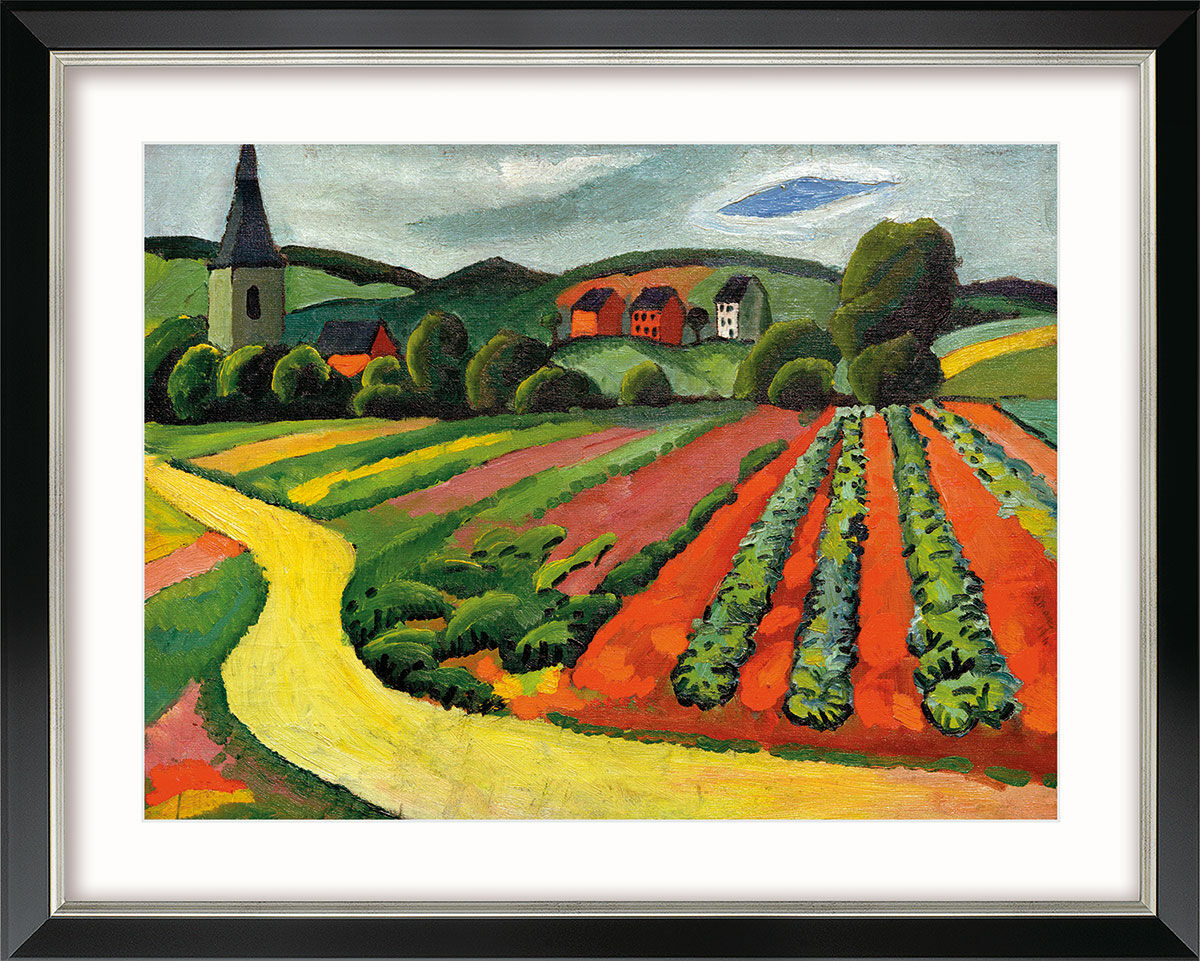 Picture "Landscape with Church and Path" (1911), black and silver-coloured framed version by August Macke