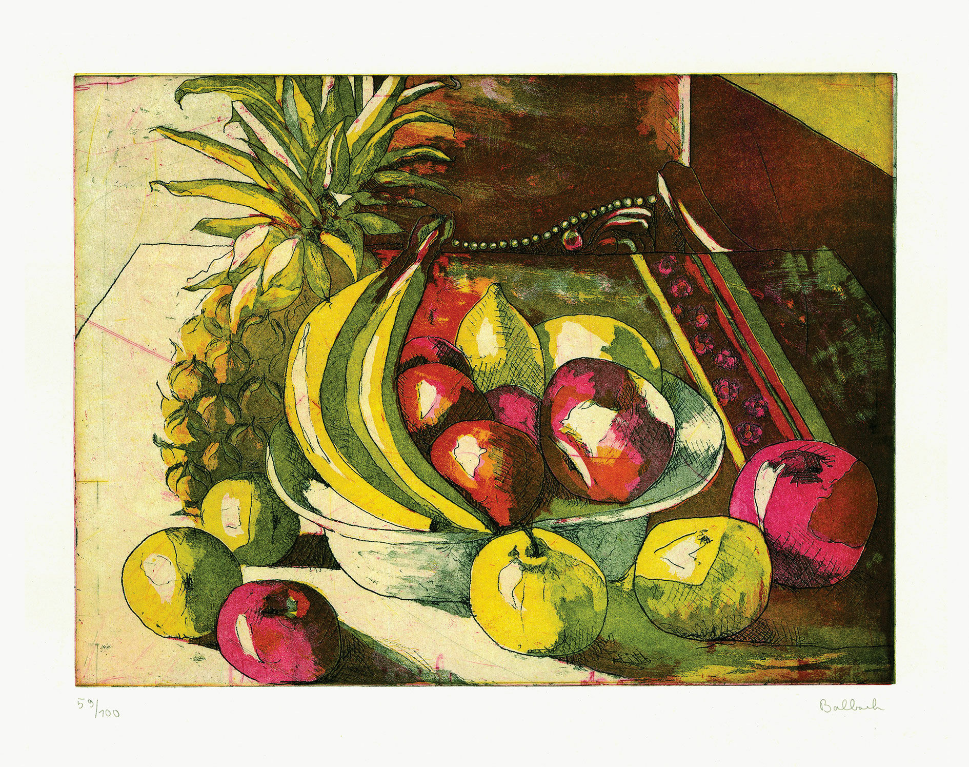 Billede "Stilleben med ananas" (1996), uindrammet von Petra Balbach