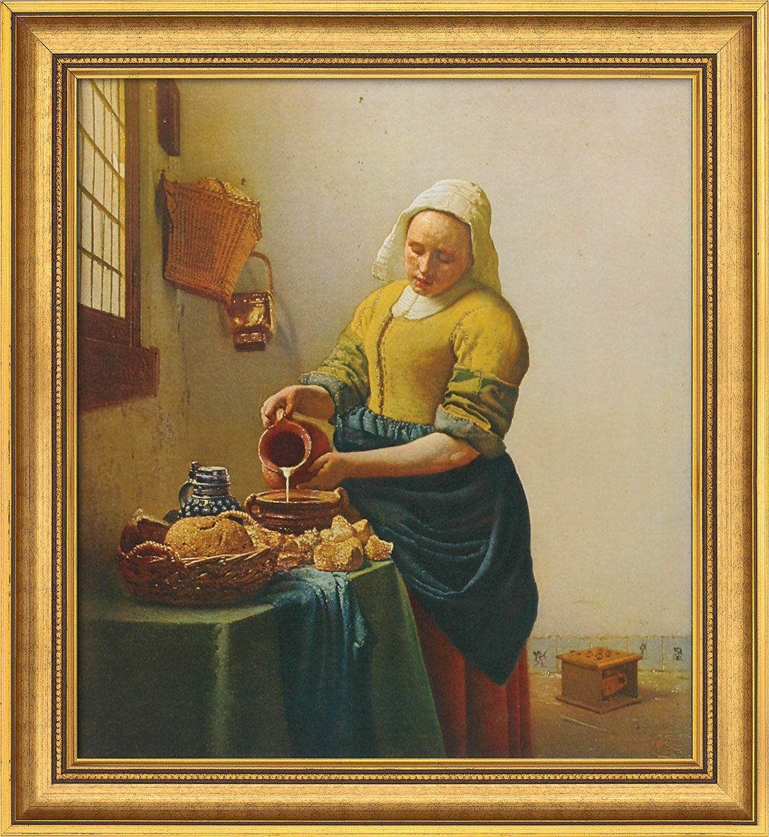 Tableau "Servante au pot à lait" (1658), encadré von Jan Vermeer van Delft