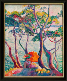 Picture "Jeanne à l'ombrelle, Cavalière" (1905/1906), black and golden framed version by Henri Manguin