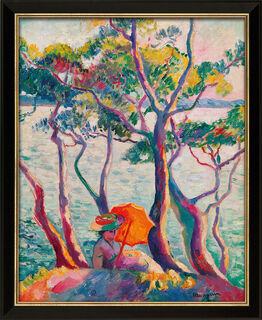 Bild "Jeanne à l'ombrelle, Cavalière" (1905/1906), svart och gyllene inramad version av Henri Manguin