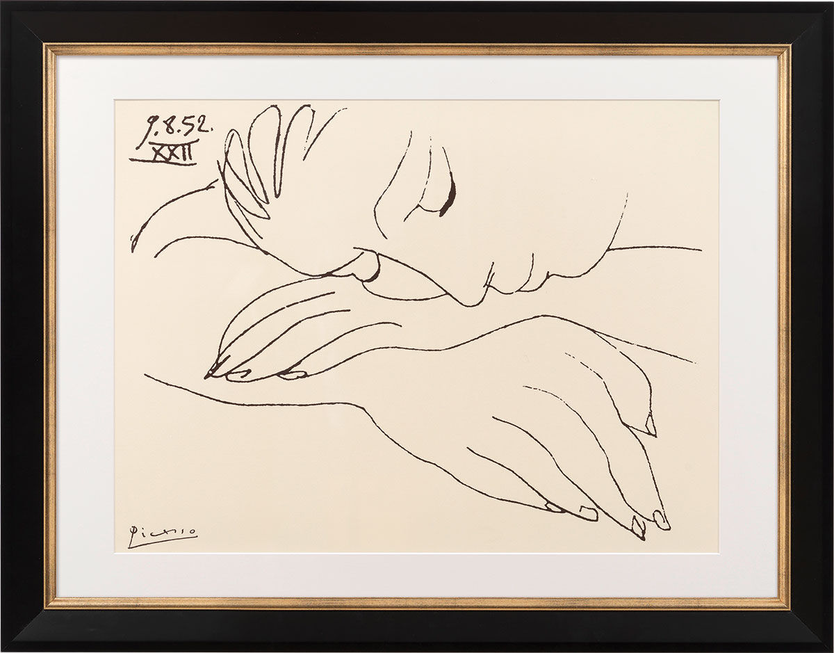 Tableau "Guerre et Paix - Femme endormie" (1952), version encadrée noir et or de Pablo Picasso