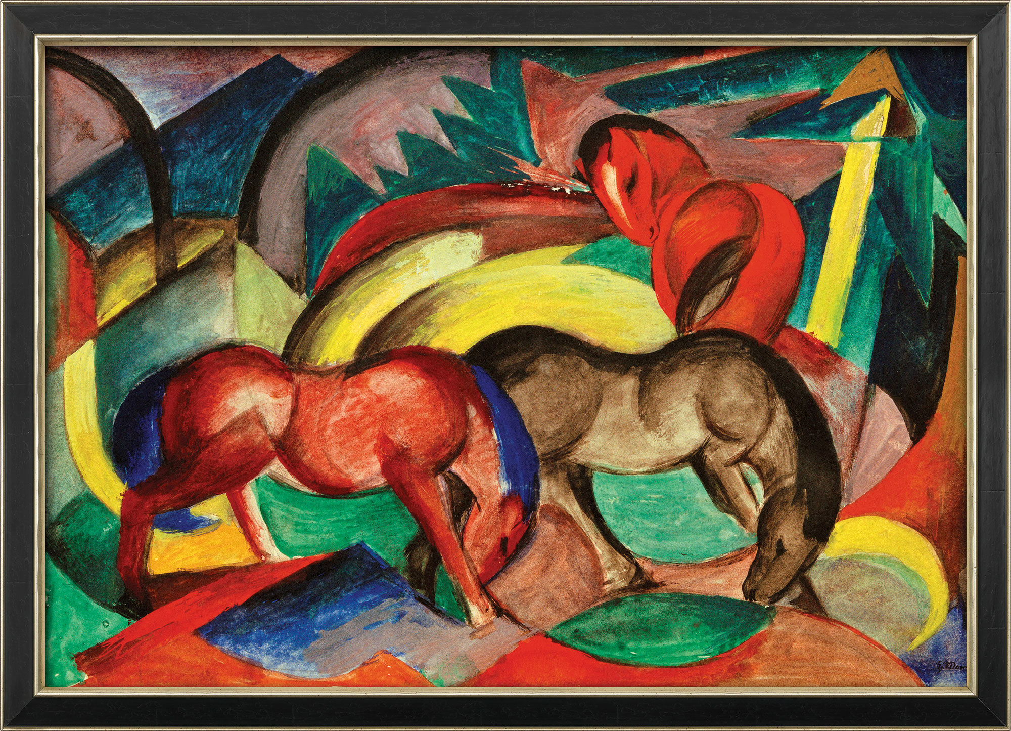 Bild "Drei Pferde" (1912), gerahmt von Franz Marc