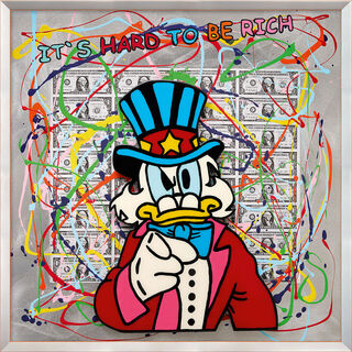 Schilderij "It's Hard To Be Rich" (2023), oranje-gekleurde ingelijste versie