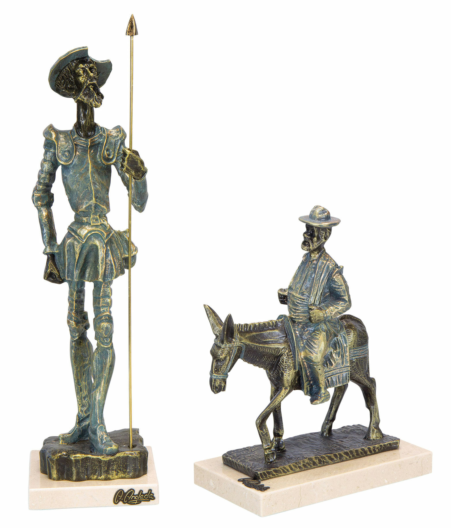 Skulpturenset "Don Quijote und Sancho Panza en Burro", Kunstguss Steinoptik von Angeles Anglada