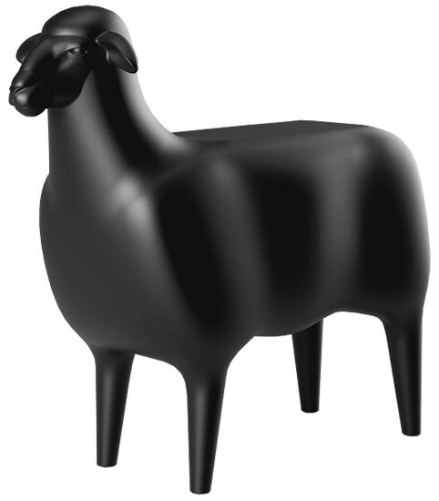 Tabouret / table d'appoint design "Le Mouton" en format réel (intérieur et extérieur), version noire de Goodnight Light
