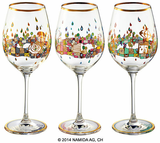 Set of 3 wine glasses "BEAUTY IS A PANACEA - Gold - Red Wine" by Friedensreich Hundertwasser