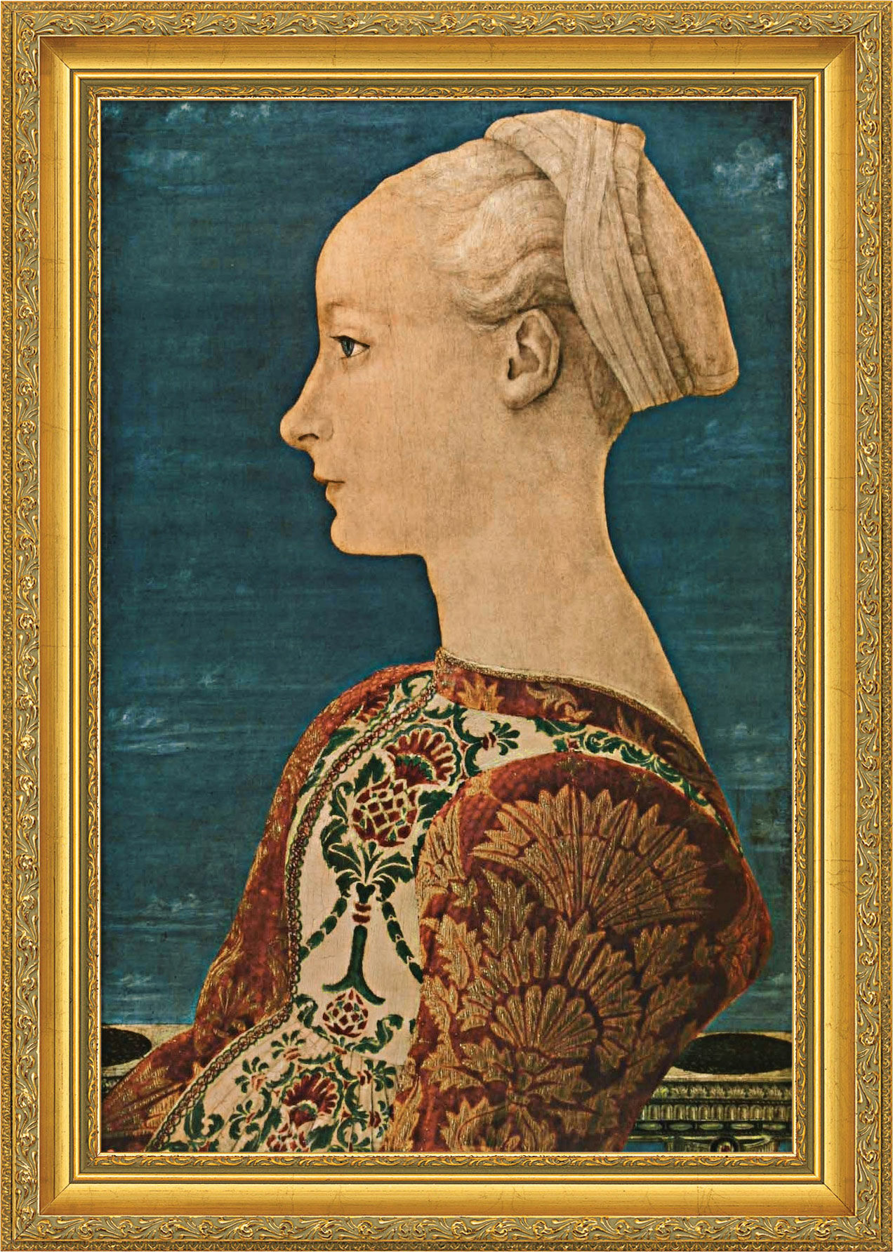 Bild "Junge Frau im Profil" (1460), gerahmt von Piero del Pollaiuolo