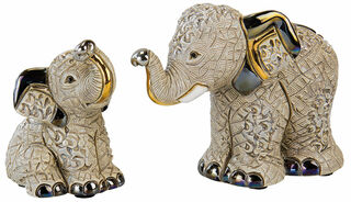 2 Keramikfiguren "Asiatische Elefantenfamilie" im Set