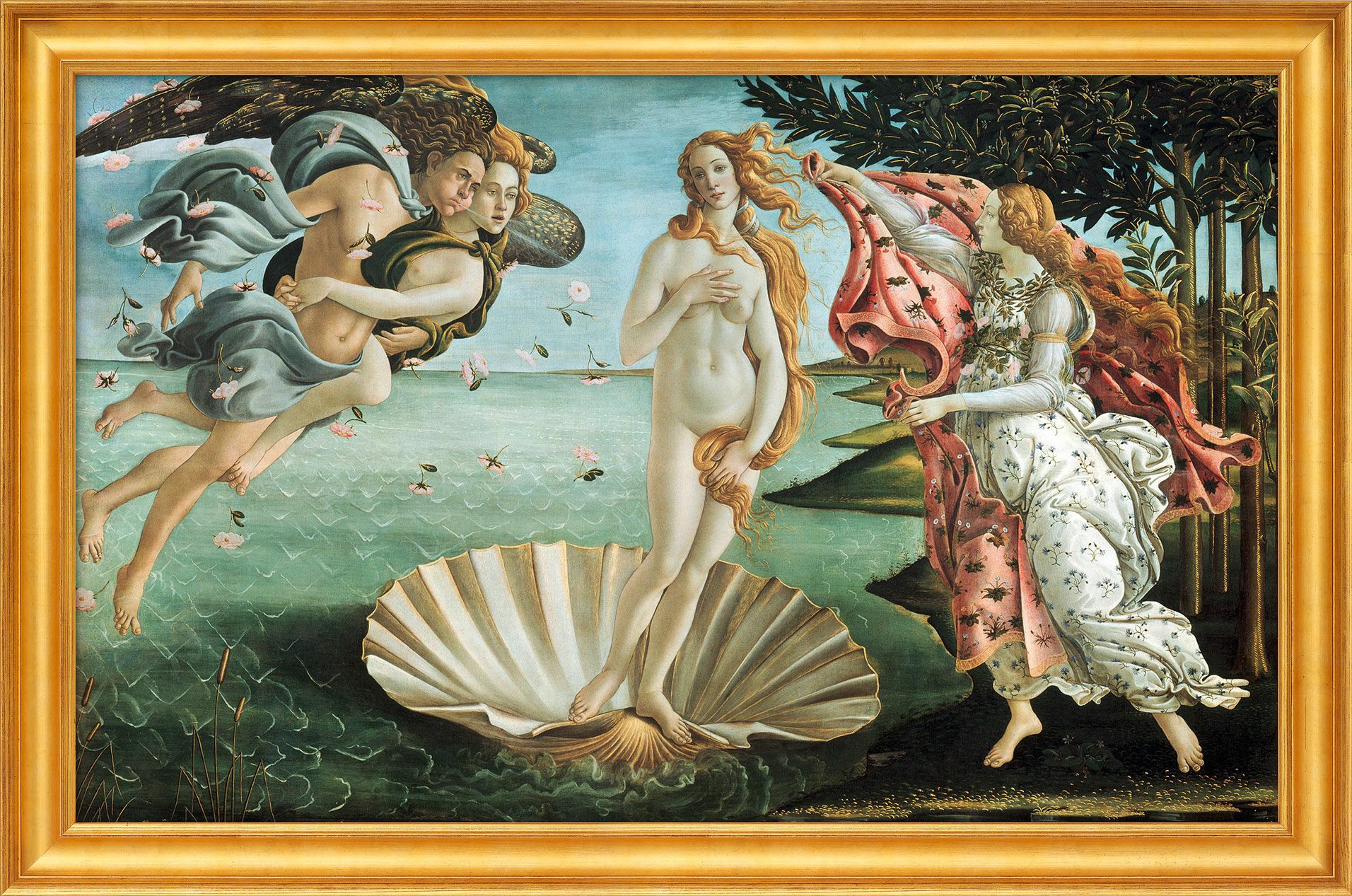 Bild "Die Geburt der Venus" (1484/86), gerahmt von Sandro Botticelli