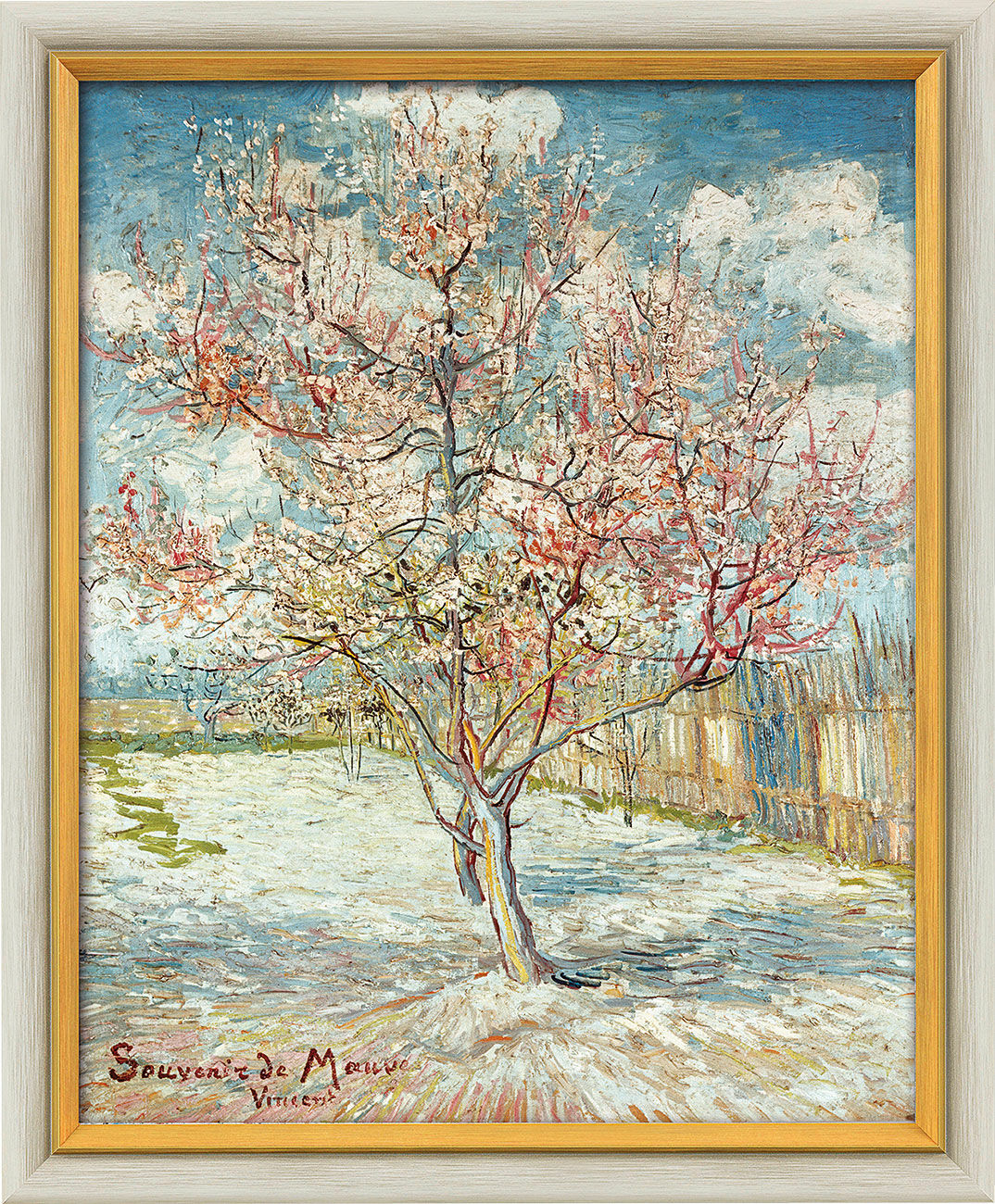 Billede "Blomstrende ferskentræ (minde om mauve)" (1888), indrammet von Vincent van Gogh