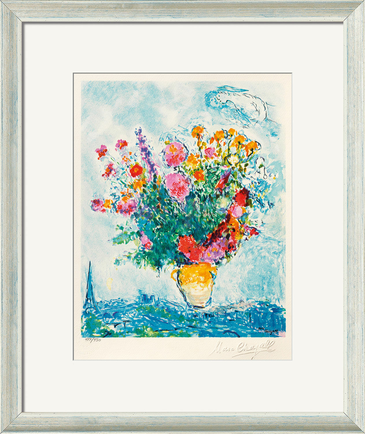 Tableau "Le Bouquet et la Tour Eiffel", encadré von Marc Chagall