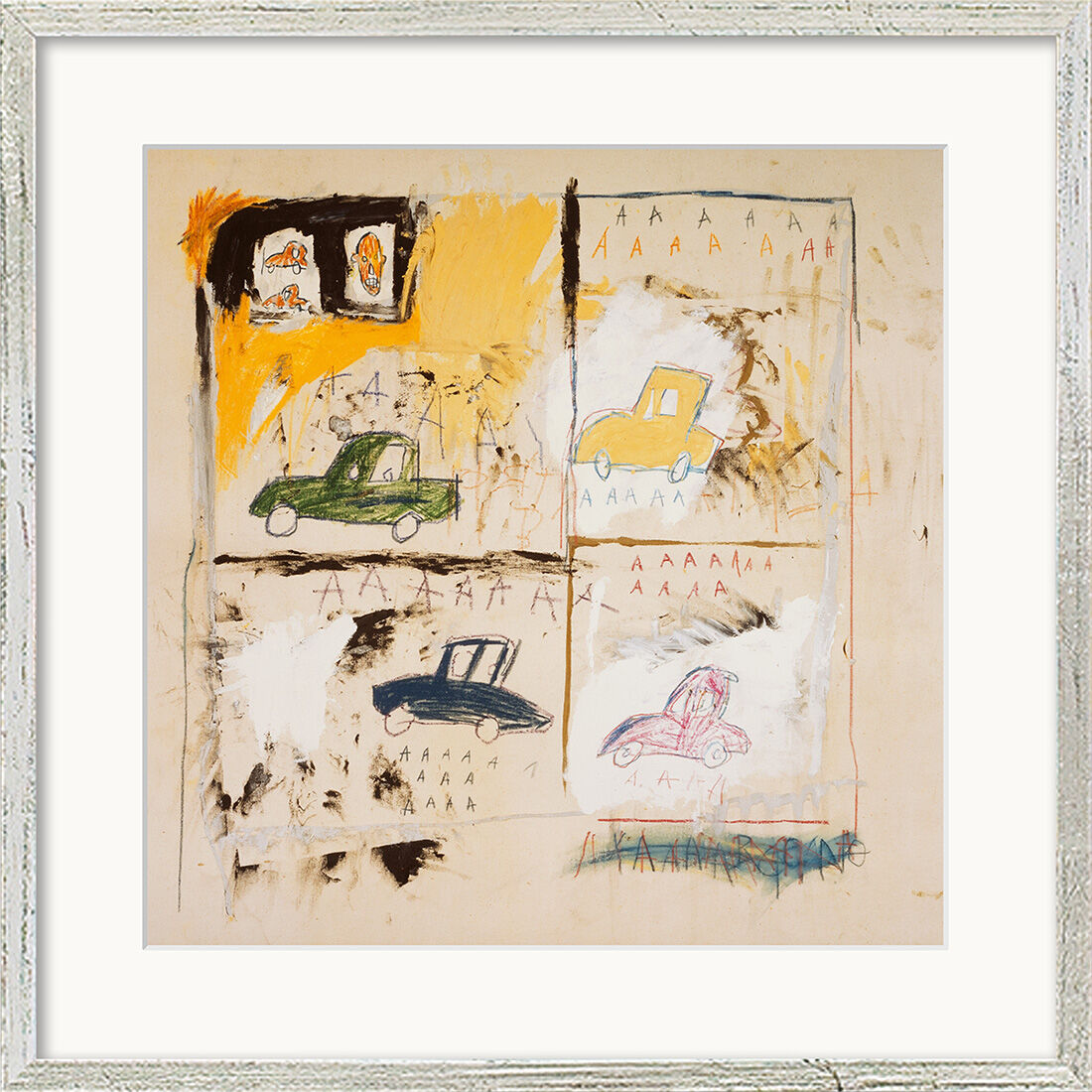 Bild "Old Cars" (1981), Version silberfarben gerahmt von Jean-Michel Basquiat