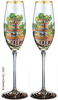 (699A) Set van twee champagneglazen "De huizen hangen onder de weiden"