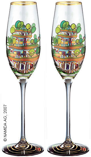 (699A) Set of two champagne glasses "The Houses Are Hanging Underneath the Meadows" by Friedensreich Hundertwasser