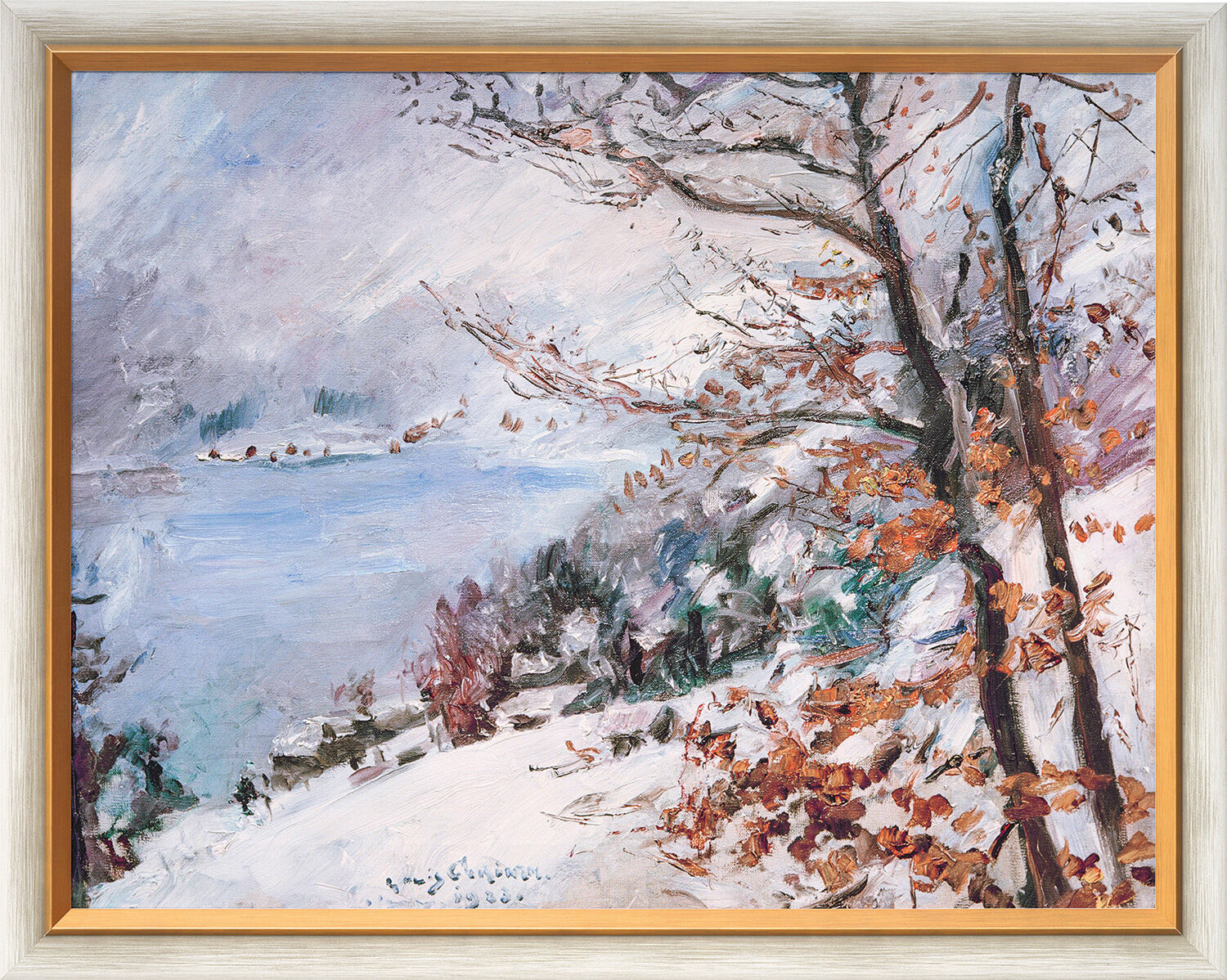 Bild "Walchensee im Winter" (1923), Version weiß-goldfarben gerahmt von Lovis Corinth