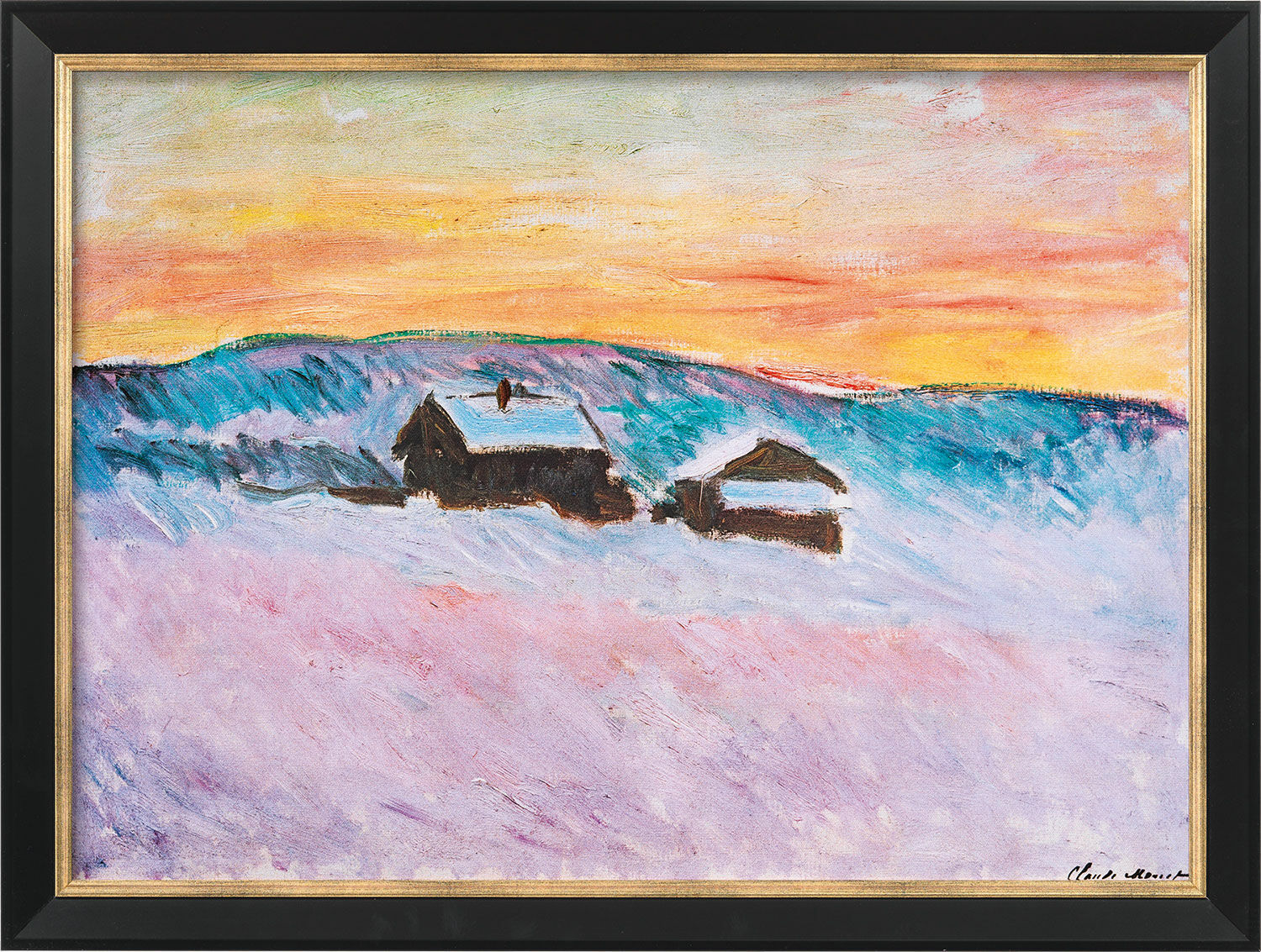 Picture "Norwegian Landscape, Blue Houses" (1895), black and golden framed version by Claude Monet