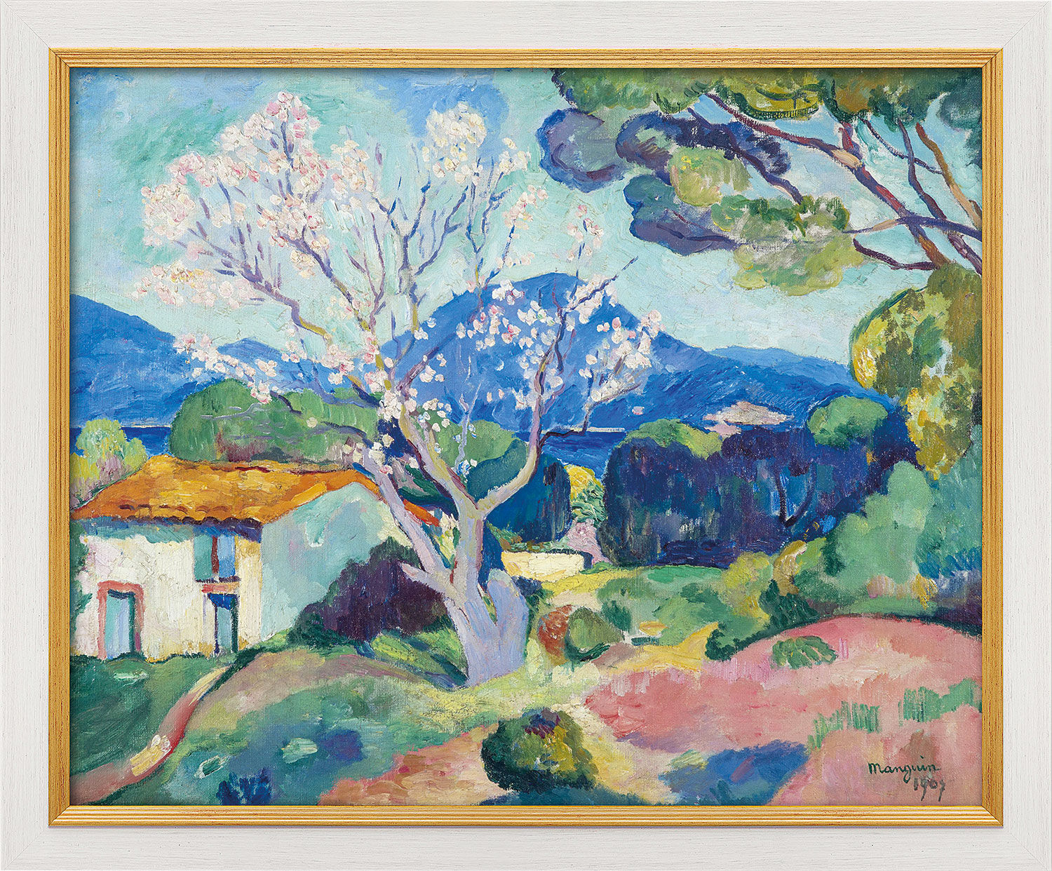 Billedet "L'Amandier en fleurs" (1907), hvid og gylden indrammet version af Henri Manguin