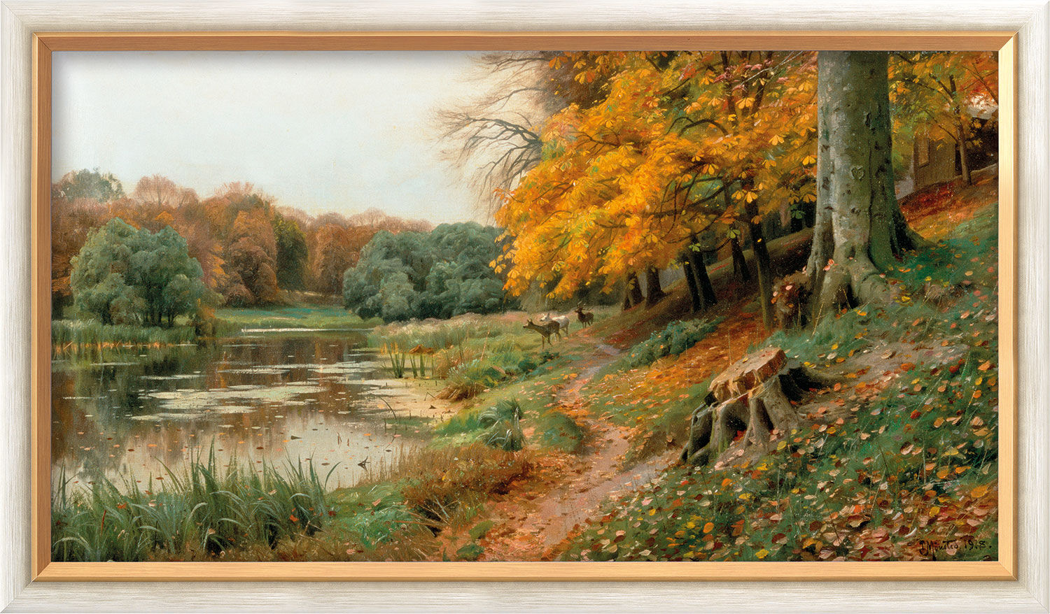 Quadro “Cervo nella foresta” (1918), incorniciato di Peder Mork Mönsted