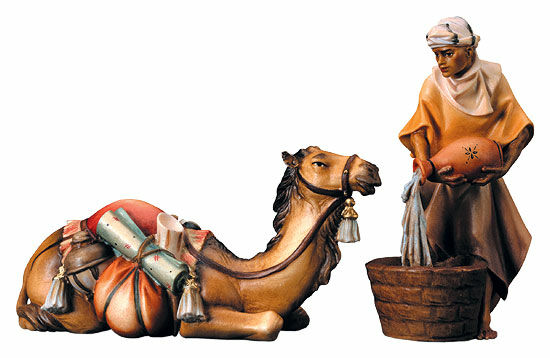 Krippenfiguren "Kamel liegend mit Pfleger", handbemalt