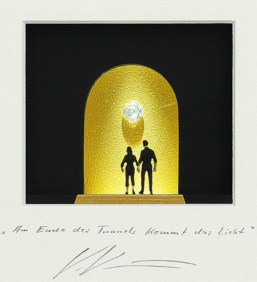 Tableau 3D "Lumière au bout du tunnel" avec éclairage LED, encadrée von Volker Kühn