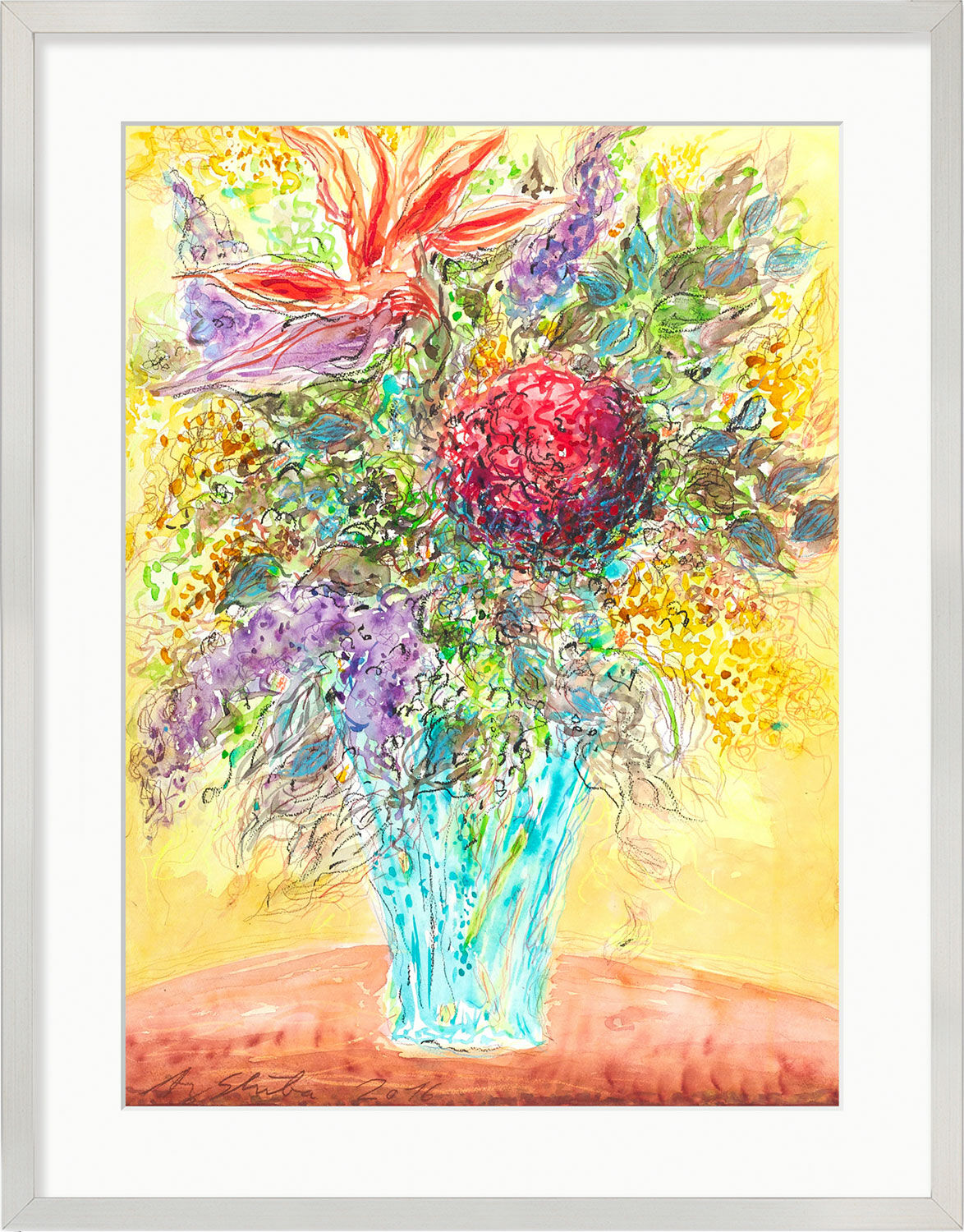 Tableau "Bouquet de fleurs dans un vase bleu clair" (2016-2017) (Original / Pièce unique), encadré von Ansgar Skiba