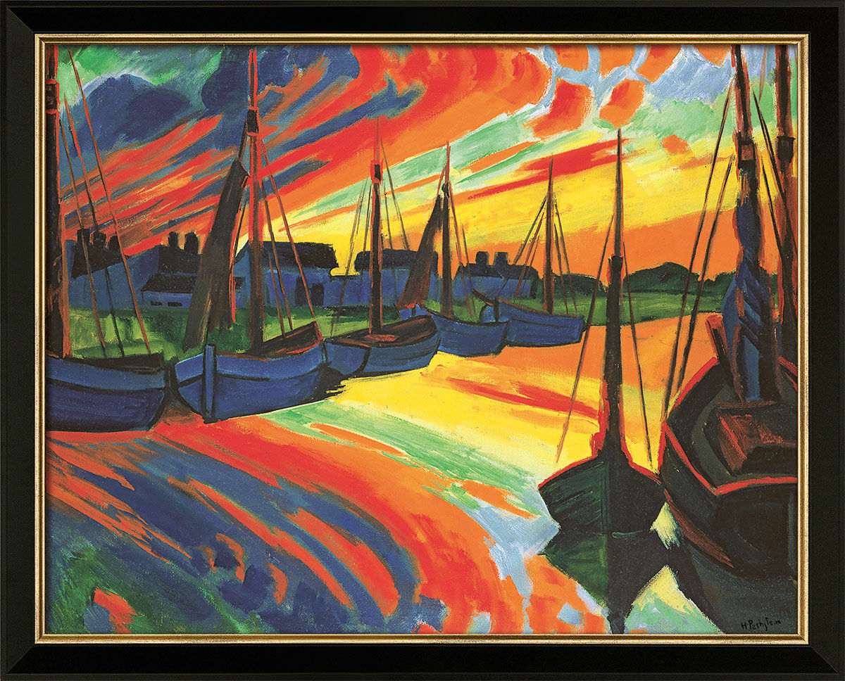 Bild "Hafen von Leba" (um 1922), Version schwarz-goldfarben gerahmt von Max Pechstein