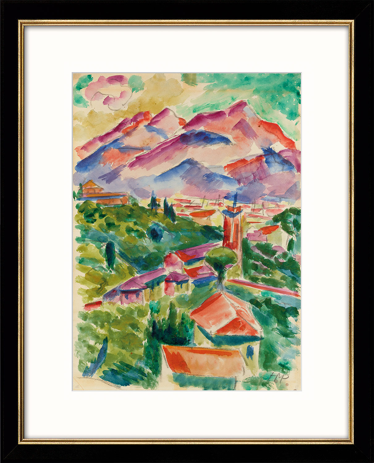 Bild "Italienische Landschaft - Toskana" (1913), Version schwarz-goldfarben gerahmt von Max Pechstein