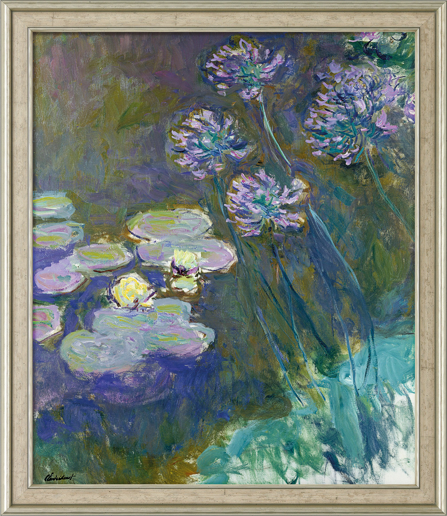 Bild "Gelbe Seerosen und Agapanthus" (1914-1917), gerahmt von Claude Monet