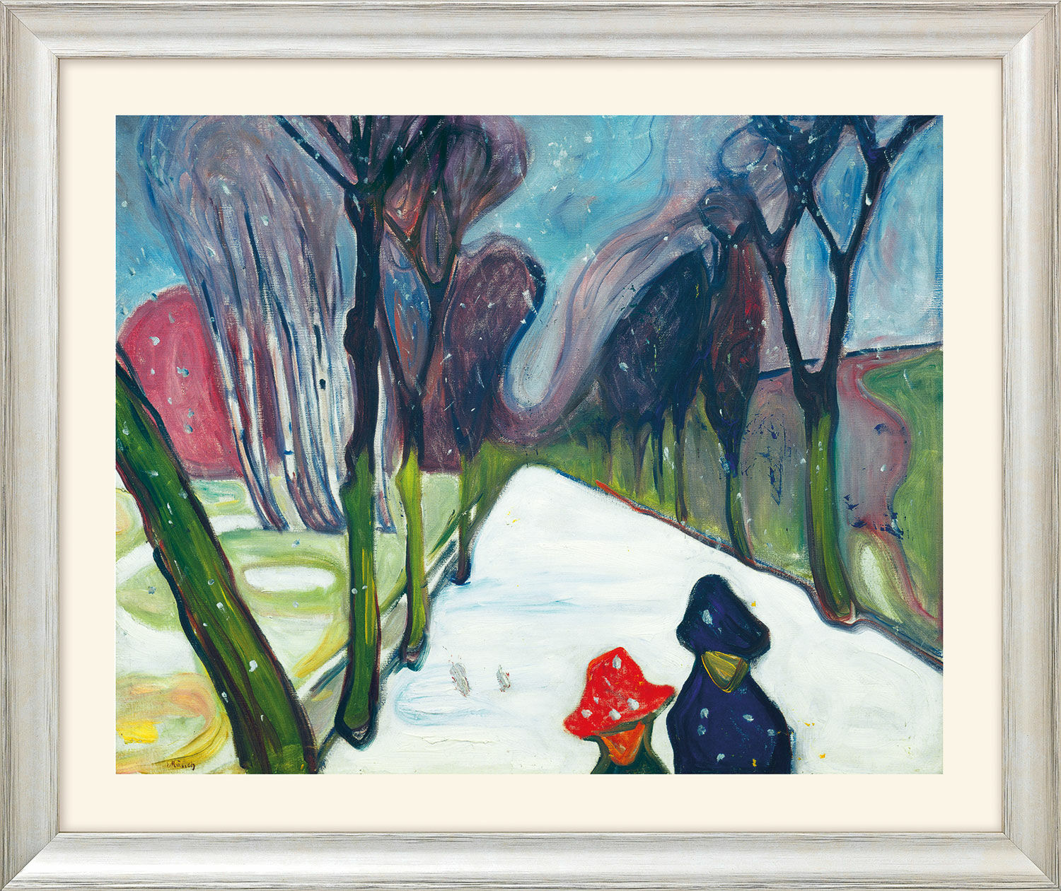Tableau "Avenue dans une tempête de neige" (1906) - extrait du "Cycle des saisons", version argentée encadrée von Edvard Munch