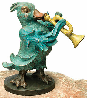 Gartenskulptur "Die Kapelle: Die Ente mit Trompete" - aus "Die Vogelhochzeit", Bronze