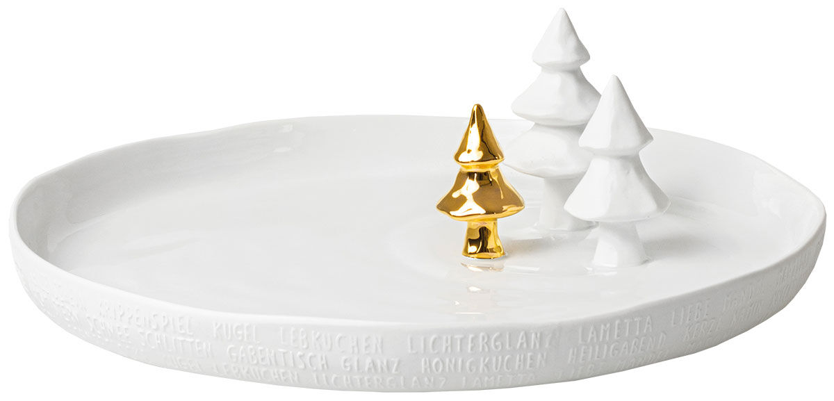 Porcelain plate "Winter Landscape with Fir Trees" with gold decoration by Trevoly