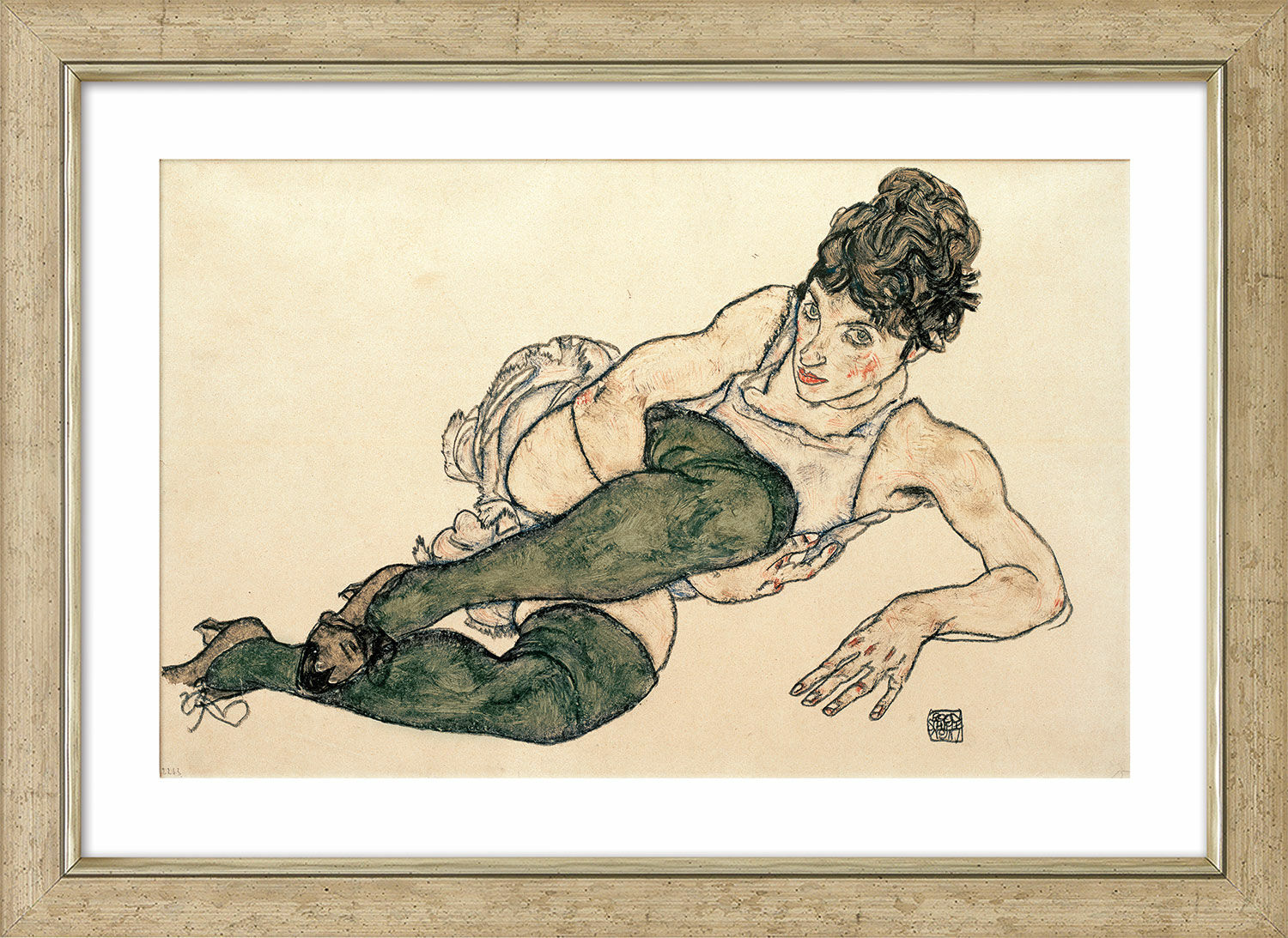 Bild "Liegende Frau mit grünen Strümpfen" (1917), gerahmt von Egon Schiele