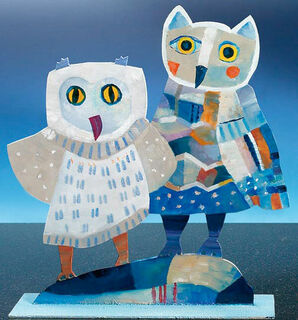 Sculpture "Pair of Owls", stainless steel, hand-painted