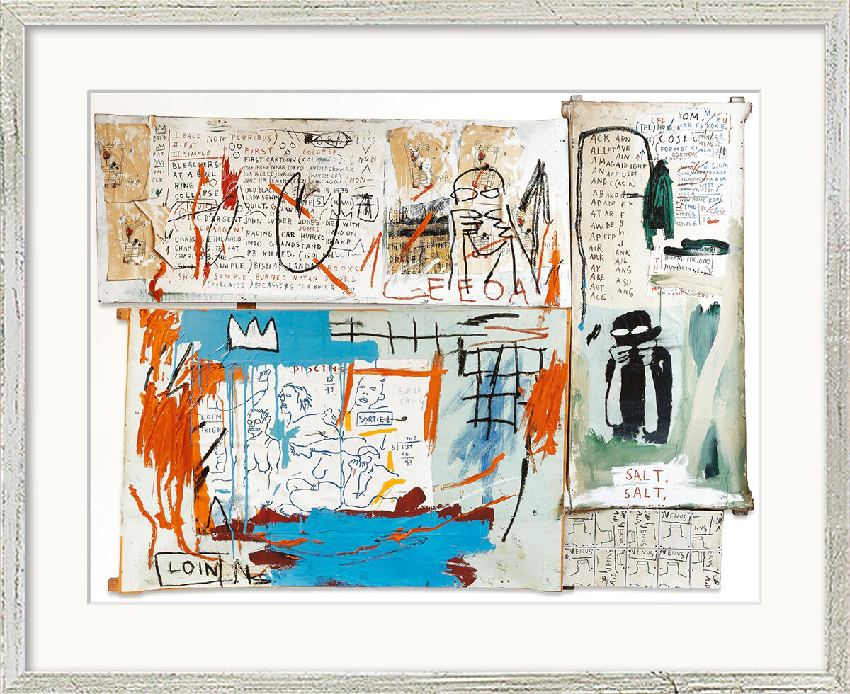 Quadro "Piscine Versus the Best Hotels" (1982), versione incorniciata color argento di Jean-Michel Basquiat