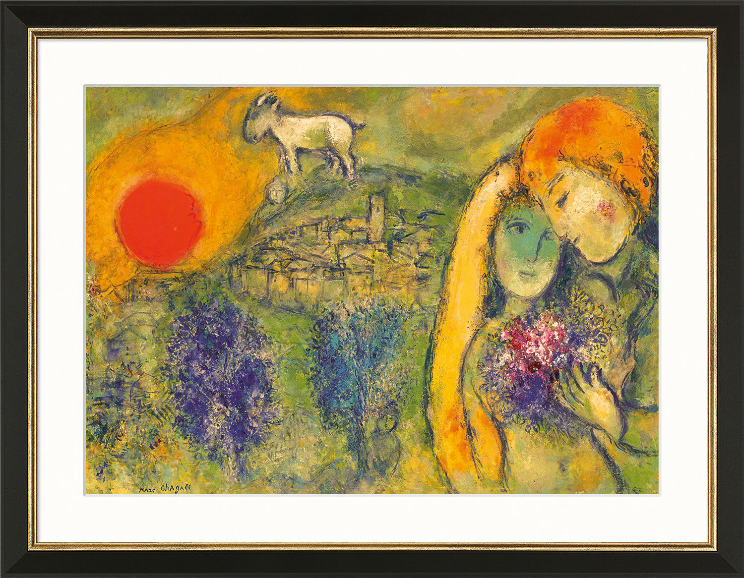 Tableau "Les Amoureux de Vence" (1957), version encadrée noir et or von Marc Chagall